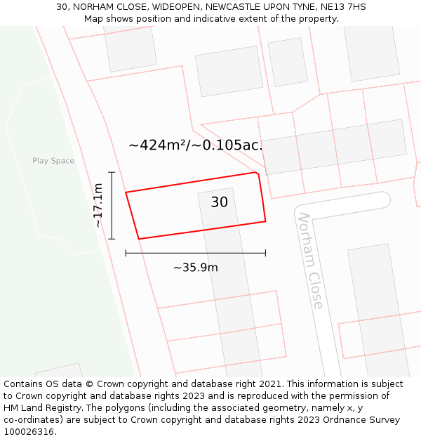 30, NORHAM CLOSE, WIDEOPEN, NEWCASTLE UPON TYNE, NE13 7HS: Plot and title map