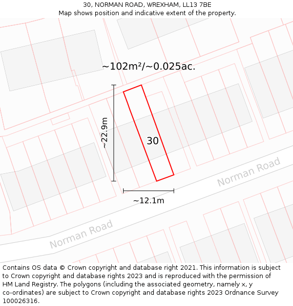 30, NORMAN ROAD, WREXHAM, LL13 7BE: Plot and title map