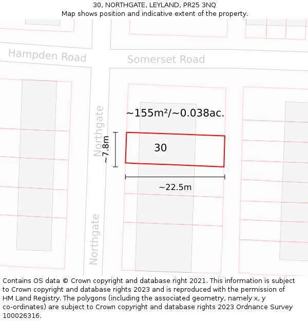30, NORTHGATE, LEYLAND, PR25 3NQ: Plot and title map