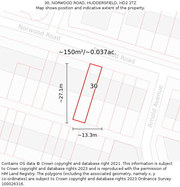 30, NORWOOD ROAD, HUDDERSFIELD, HD2 2TZ: Plot and title map