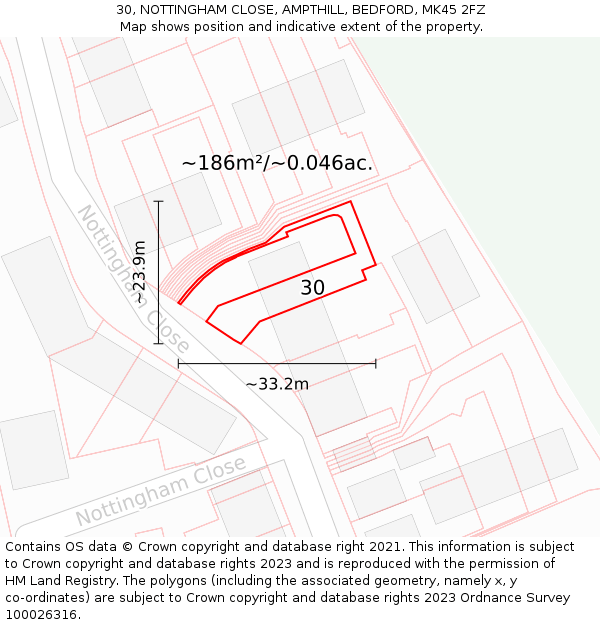 30, NOTTINGHAM CLOSE, AMPTHILL, BEDFORD, MK45 2FZ: Plot and title map