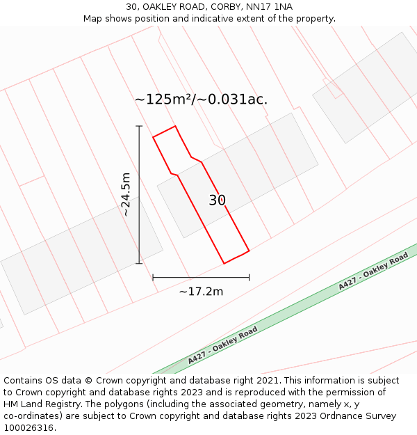 30, OAKLEY ROAD, CORBY, NN17 1NA: Plot and title map