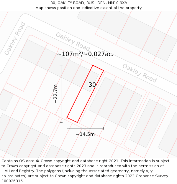 30, OAKLEY ROAD, RUSHDEN, NN10 9XA: Plot and title map
