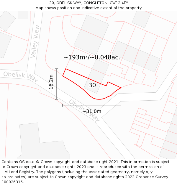 30, OBELISK WAY, CONGLETON, CW12 4FY: Plot and title map