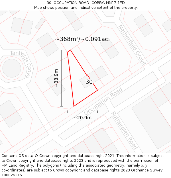 30, OCCUPATION ROAD, CORBY, NN17 1ED: Plot and title map
