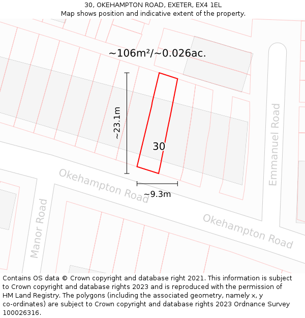 30, OKEHAMPTON ROAD, EXETER, EX4 1EL: Plot and title map