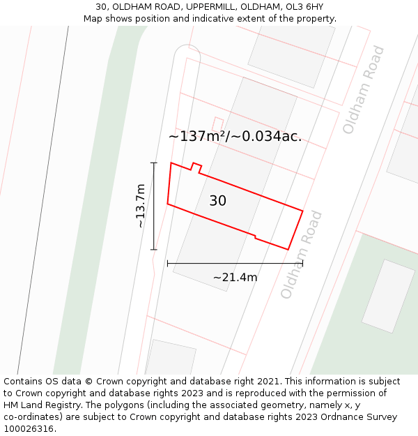 30, OLDHAM ROAD, UPPERMILL, OLDHAM, OL3 6HY: Plot and title map