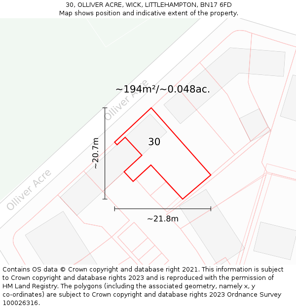 30, OLLIVER ACRE, WICK, LITTLEHAMPTON, BN17 6FD: Plot and title map