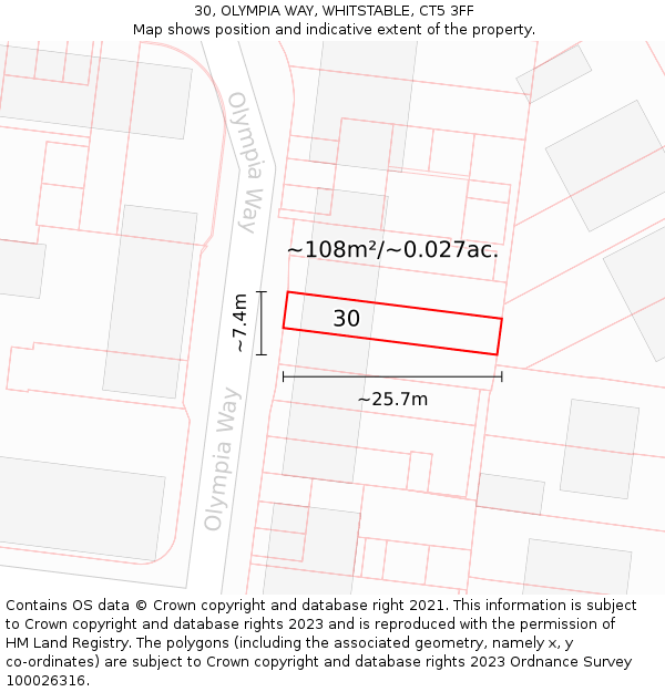 30, OLYMPIA WAY, WHITSTABLE, CT5 3FF: Plot and title map