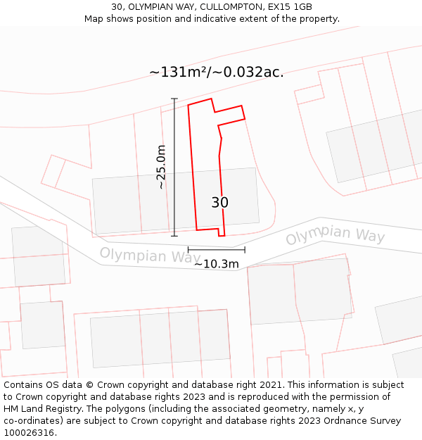30, OLYMPIAN WAY, CULLOMPTON, EX15 1GB: Plot and title map