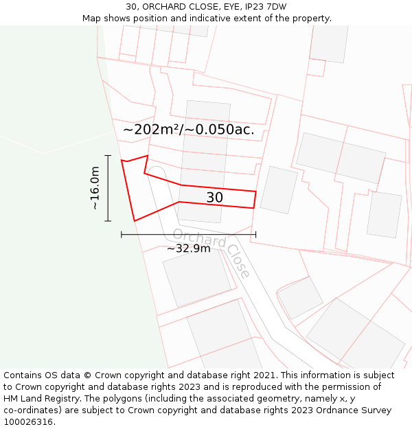 30, ORCHARD CLOSE, EYE, IP23 7DW: Plot and title map