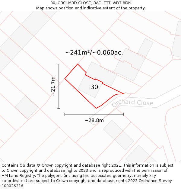 30, ORCHARD CLOSE, RADLETT, WD7 8DN: Plot and title map