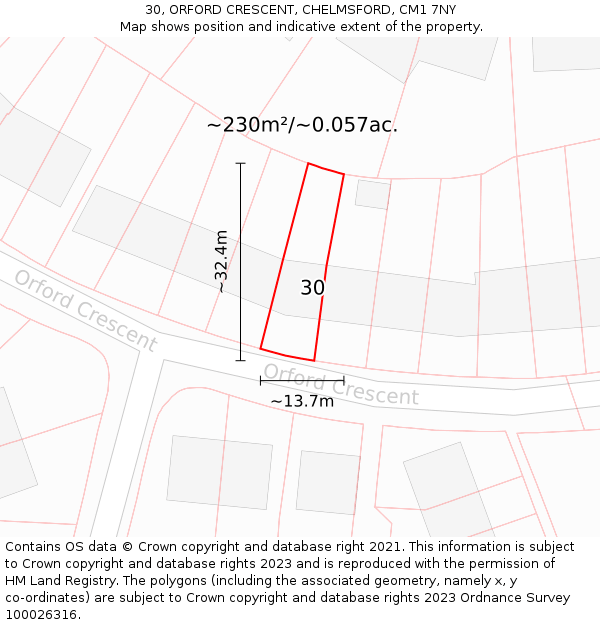 30, ORFORD CRESCENT, CHELMSFORD, CM1 7NY: Plot and title map