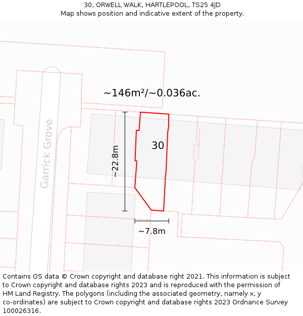 30, ORWELL WALK, HARTLEPOOL, TS25 4JD: Plot and title map