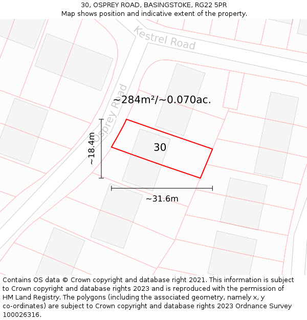30, OSPREY ROAD, BASINGSTOKE, RG22 5PR: Plot and title map