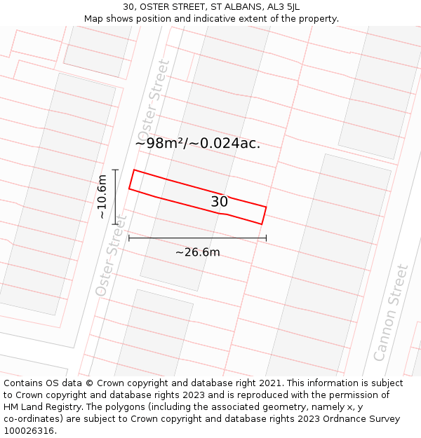 30, OSTER STREET, ST ALBANS, AL3 5JL: Plot and title map