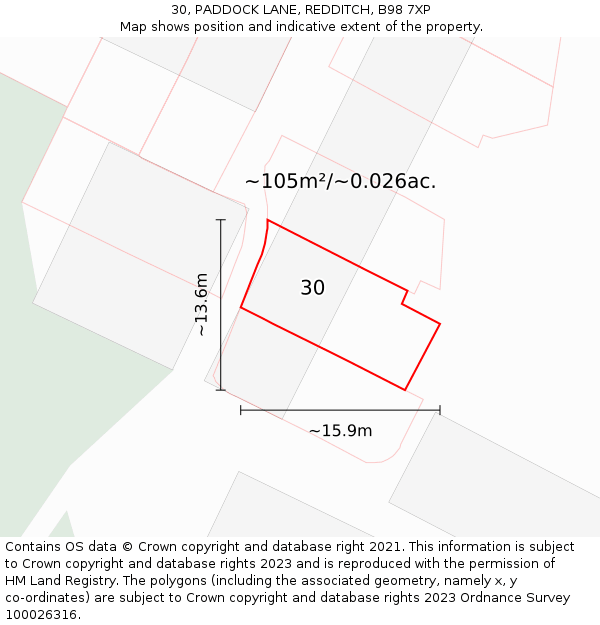 30, PADDOCK LANE, REDDITCH, B98 7XP: Plot and title map