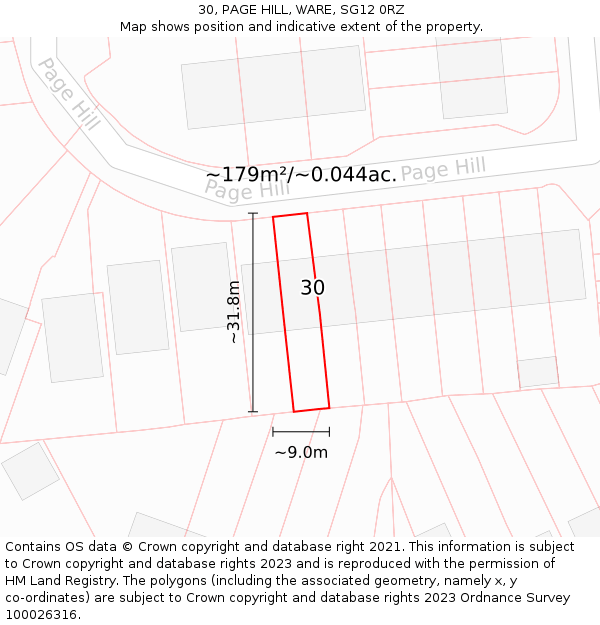 30, PAGE HILL, WARE, SG12 0RZ: Plot and title map