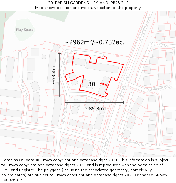 30, PARISH GARDENS, LEYLAND, PR25 3UF: Plot and title map