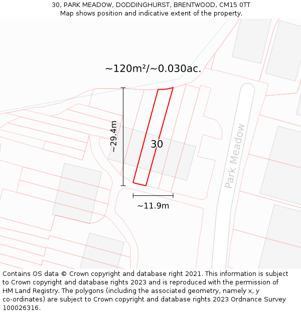 30, PARK MEADOW, DODDINGHURST, BRENTWOOD, CM15 0TT: Plot and title map