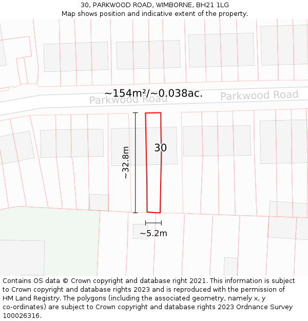 30, PARKWOOD ROAD, WIMBORNE, BH21 1LG: Plot and title map