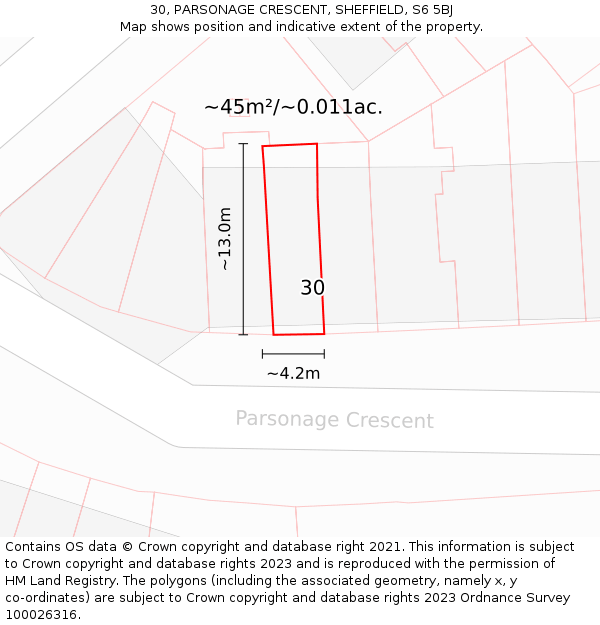 30, PARSONAGE CRESCENT, SHEFFIELD, S6 5BJ: Plot and title map