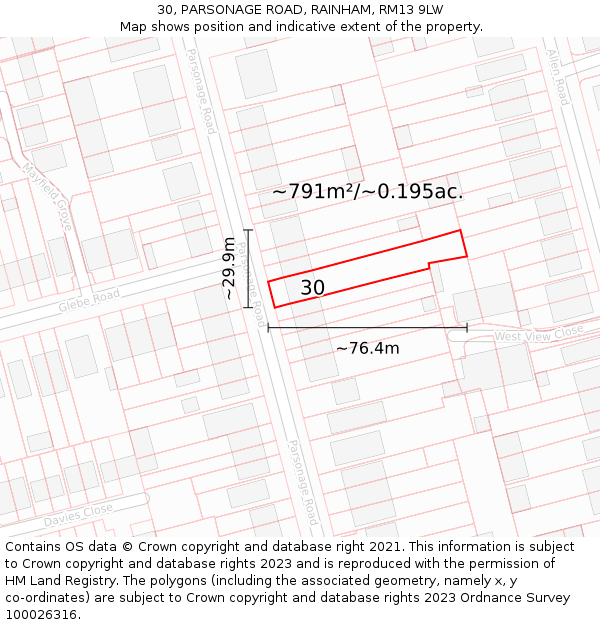 30, PARSONAGE ROAD, RAINHAM, RM13 9LW: Plot and title map