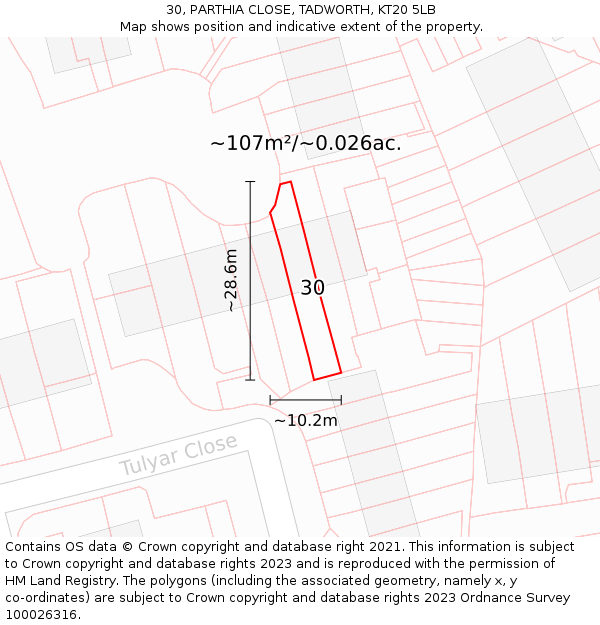 30, PARTHIA CLOSE, TADWORTH, KT20 5LB: Plot and title map
