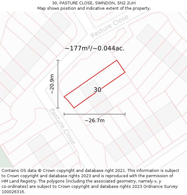 30, PASTURE CLOSE, SWINDON, SN2 2UH: Plot and title map