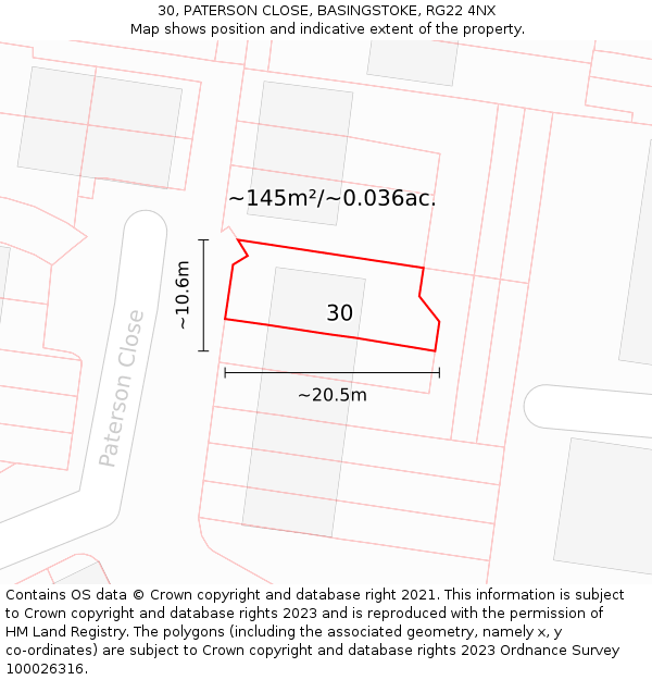 30, PATERSON CLOSE, BASINGSTOKE, RG22 4NX: Plot and title map
