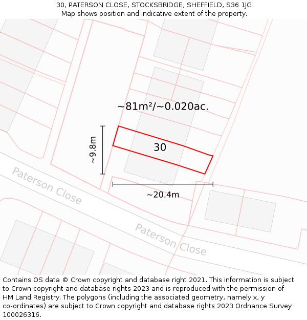 30, PATERSON CLOSE, STOCKSBRIDGE, SHEFFIELD, S36 1JG: Plot and title map