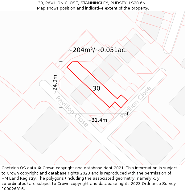 30, PAVILION CLOSE, STANNINGLEY, PUDSEY, LS28 6NL: Plot and title map