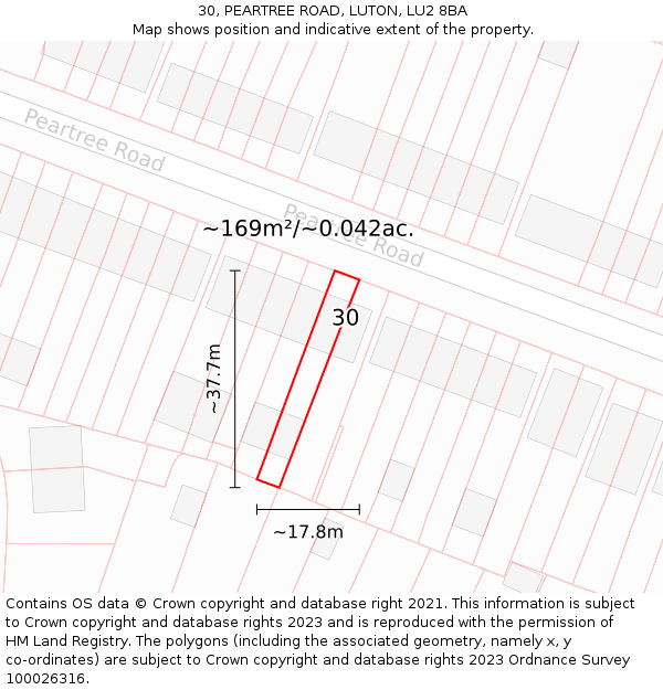 30, PEARTREE ROAD, LUTON, LU2 8BA: Plot and title map