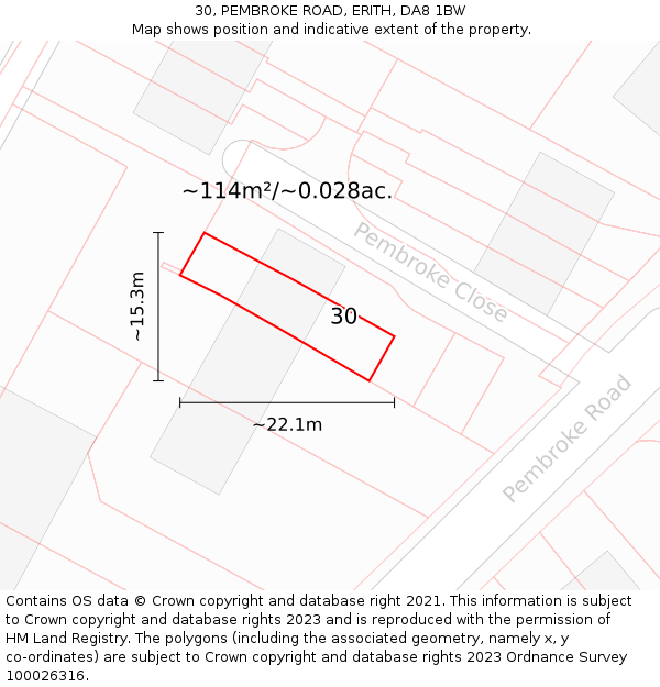 30, PEMBROKE ROAD, ERITH, DA8 1BW: Plot and title map