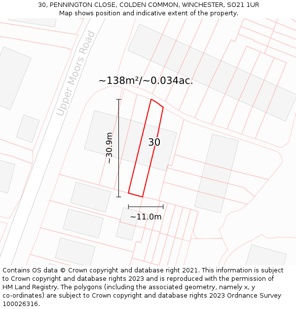 30, PENNINGTON CLOSE, COLDEN COMMON, WINCHESTER, SO21 1UR: Plot and title map