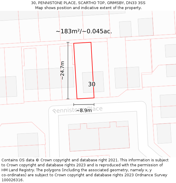 30, PENNISTONE PLACE, SCARTHO TOP, GRIMSBY, DN33 3SS: Plot and title map