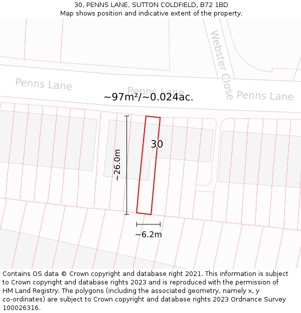 30, PENNS LANE, SUTTON COLDFIELD, B72 1BD: Plot and title map