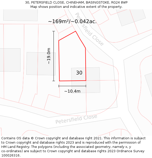 30, PETERSFIELD CLOSE, CHINEHAM, BASINGSTOKE, RG24 8WP: Plot and title map