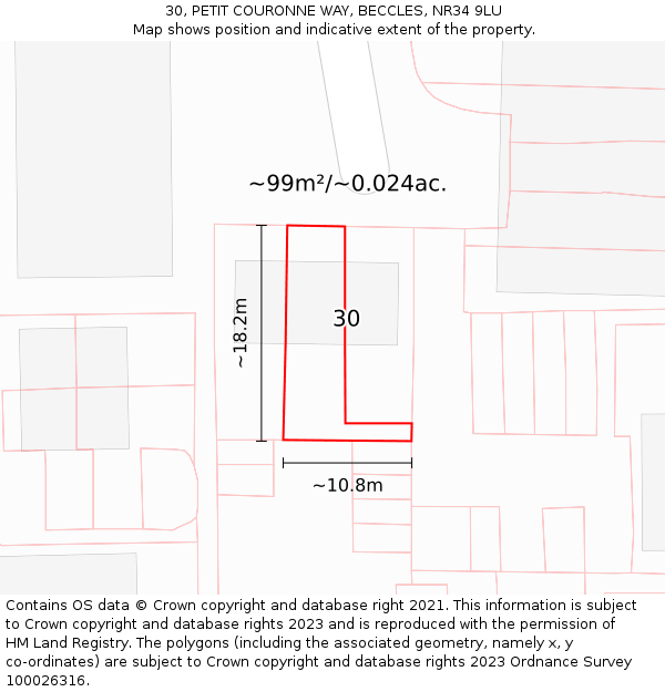 30, PETIT COURONNE WAY, BECCLES, NR34 9LU: Plot and title map