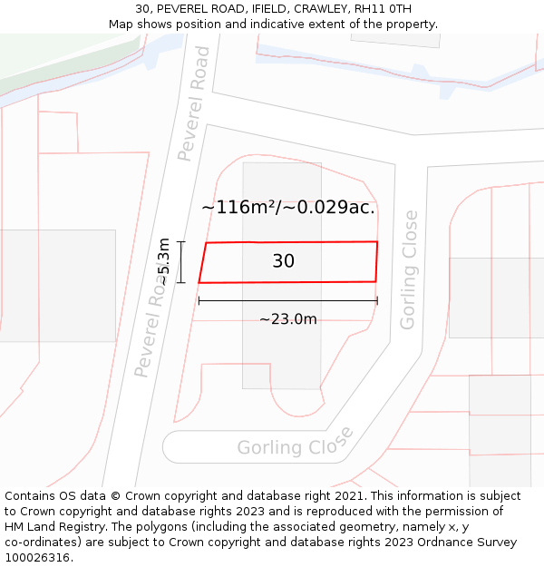 30, PEVEREL ROAD, IFIELD, CRAWLEY, RH11 0TH: Plot and title map