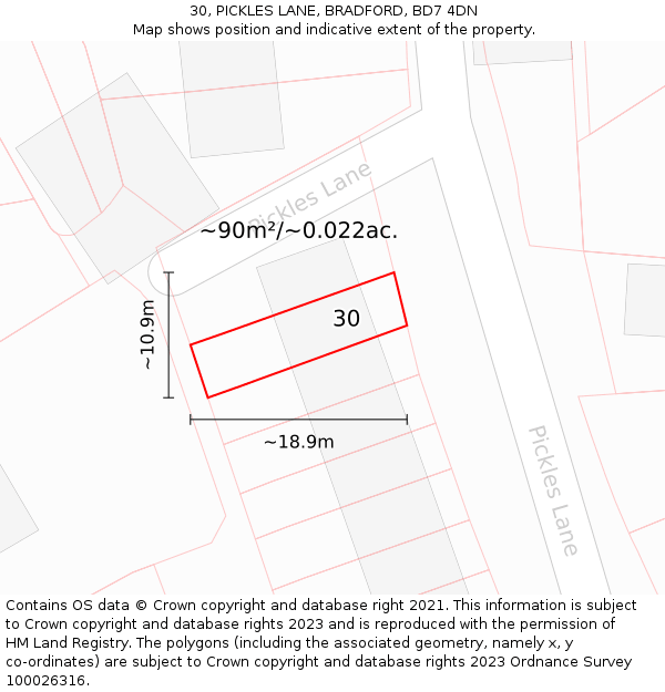 30, PICKLES LANE, BRADFORD, BD7 4DN: Plot and title map