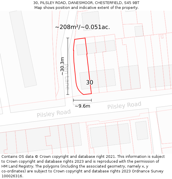 30, PILSLEY ROAD, DANESMOOR, CHESTERFIELD, S45 9BT: Plot and title map