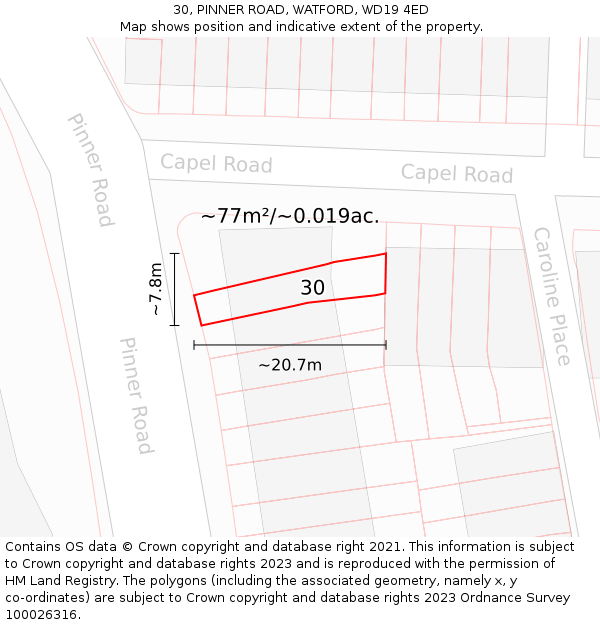 30, PINNER ROAD, WATFORD, WD19 4ED: Plot and title map