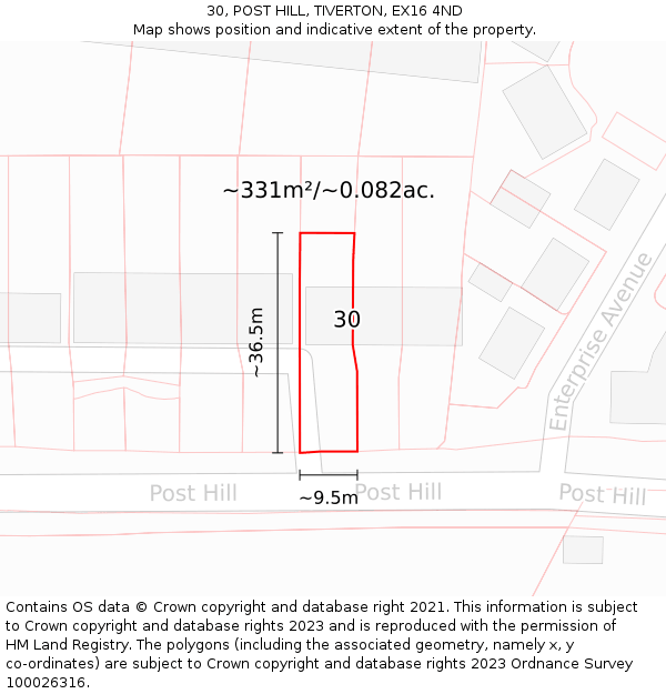 30, POST HILL, TIVERTON, EX16 4ND: Plot and title map