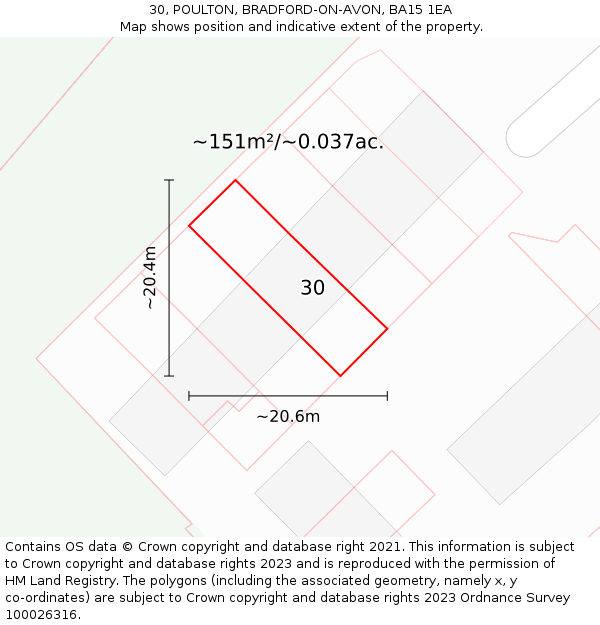30, POULTON, BRADFORD-ON-AVON, BA15 1EA: Plot and title map