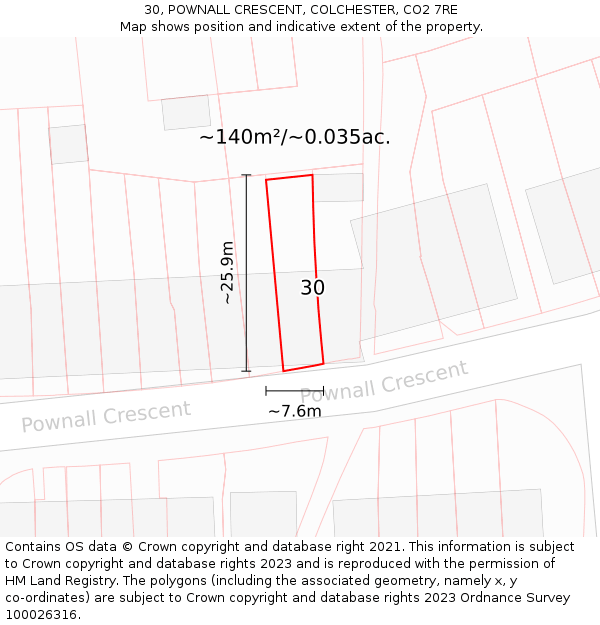 30, POWNALL CRESCENT, COLCHESTER, CO2 7RE: Plot and title map