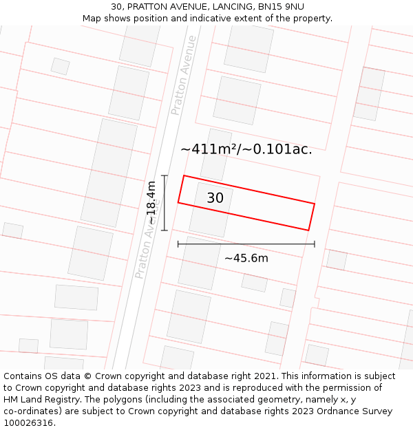 30, PRATTON AVENUE, LANCING, BN15 9NU: Plot and title map