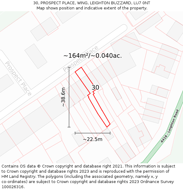 30, PROSPECT PLACE, WING, LEIGHTON BUZZARD, LU7 0NT: Plot and title map