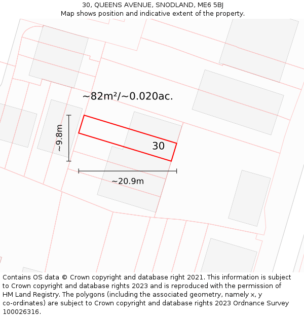 30, QUEENS AVENUE, SNODLAND, ME6 5BJ: Plot and title map