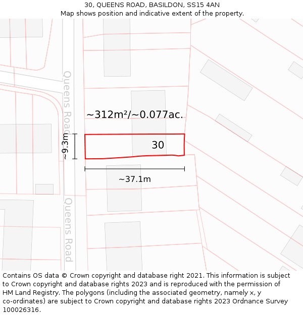 30, QUEENS ROAD, BASILDON, SS15 4AN: Plot and title map